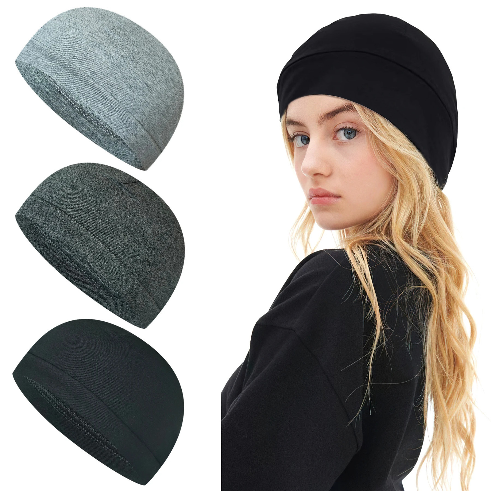 3Pack Unisex Skull Caps Cotton or 75 Nylon25 Spandex Beanies SweatWicking Lightweight for Running Cycling Sleep Mult 251029