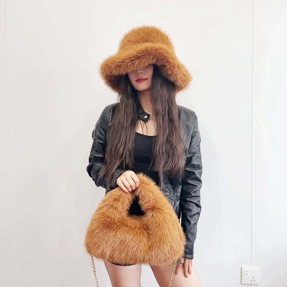 Y2K Autumn and Winter Womens Hats Bags Faux Fur Bucket Hat Cow Printed Plush Warm Holiday 251013