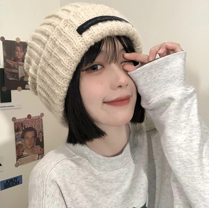 for Women Korean Style Autumn Winter Knitted Student Woolen Face Slimming Warm Pile Internet Celebrity Ear Protection Hat