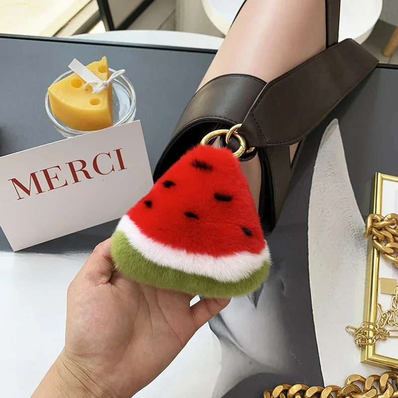 Cute Fluffy Rex Rabbit Fur Keychain Fruit Watermelon Toy Real Fur Ball Pendant Metal Car Key Ring Bag Charm Women Trinket 251029
