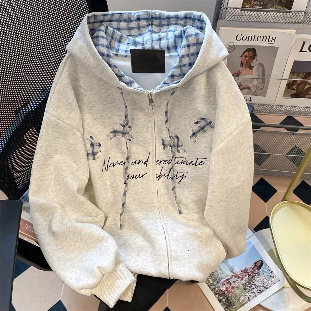 American fashion retro embroidered letter gray hoodie unisex designer couple cardigan cool jacket