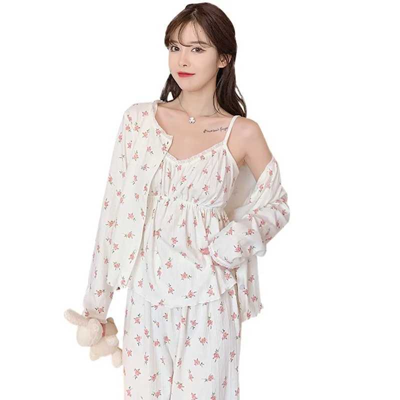 Three Piece Cotton Pajamas Women Long Sleeve Trousers Sexy Floral Student Loungewear Large Size Romantic Women Nightwear SexyT251029