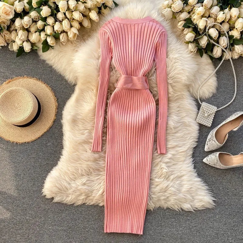 YuooMuoo Chic Fashion Sexy Package Hips Rib Knitted Bodycon Dress Autumn Winter Elegant Peal Vneck Sweater Dress with Belt 251029