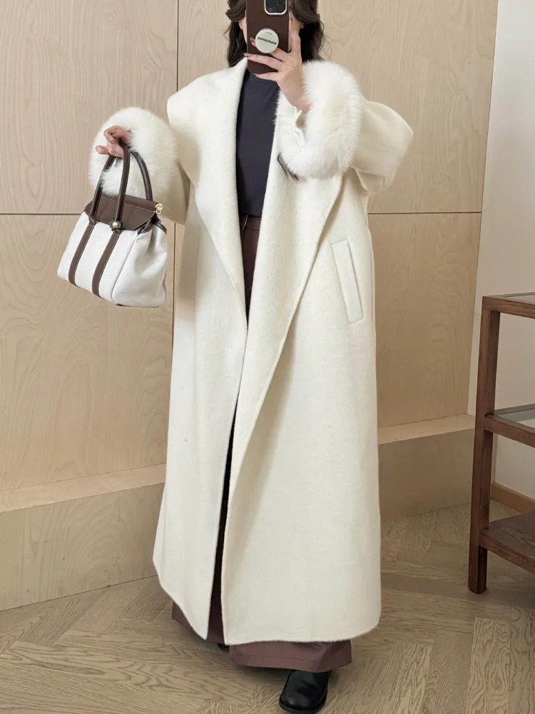BJTZ Fox Hair Cuffs Doublesided Cashmere Coat Women Autumnwinter Midlength Laceup Loose Fashion Simple 251028