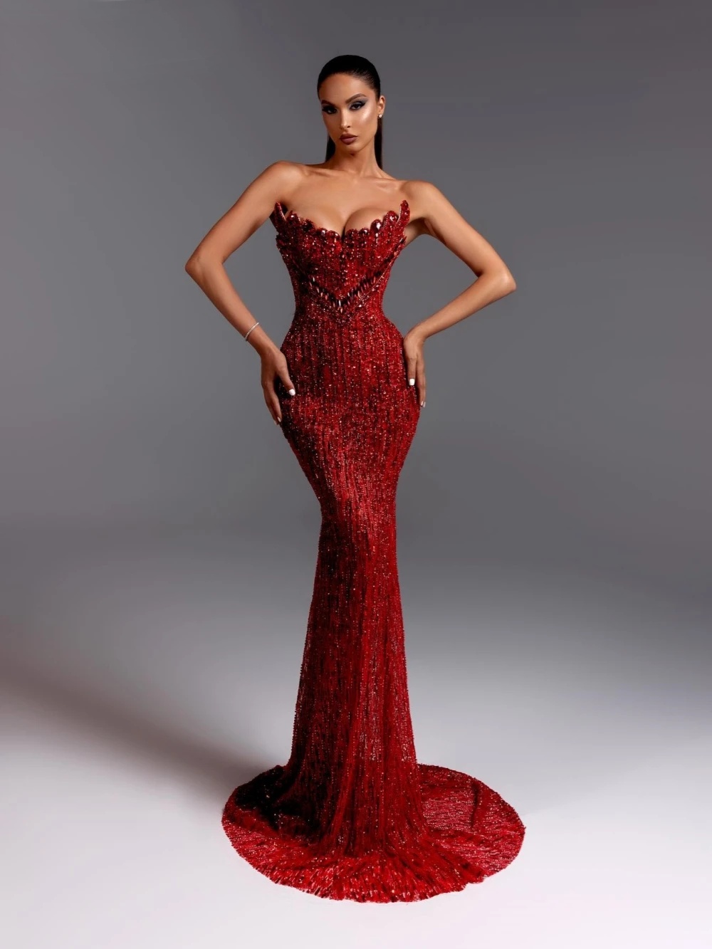 Fashionable Red Beaded Mermaid Long Evening Dress Elegant Strapless Sleeveless Party Gown Customized Luxury Prom Dresses