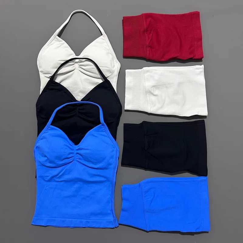 2 Piece Histello Sports Set Women Longline Strappy Top Seamless Yoga Tank Scrunch Butt Workout Shorts Suit Gym Sports SetsXJ251029