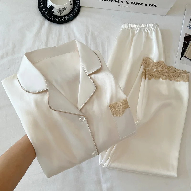 Womens SpringAutumn Ice Silk Nightwear Set Luxurious Lace Trim LongSleeved Lightweight Homewear Actual Product Pography 251029