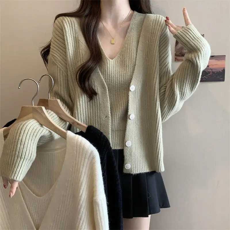 Large Womens Knitted Cardigan Jacket with Suspender Twopiece Set New Versatile Long Sleeved Sweater TopT251028