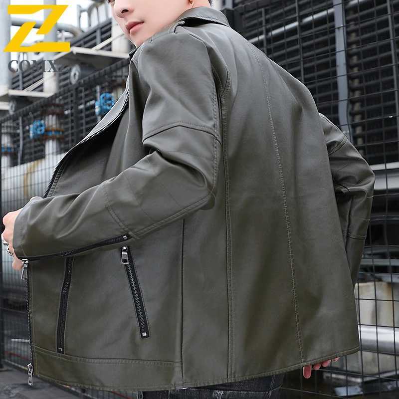 COMXZ Mens PU Leather Jacket New Luxury Elegant Suit Collar Cycling Leather Coat Trendy Slim Windproof Spring Autumn OuterwearT251029