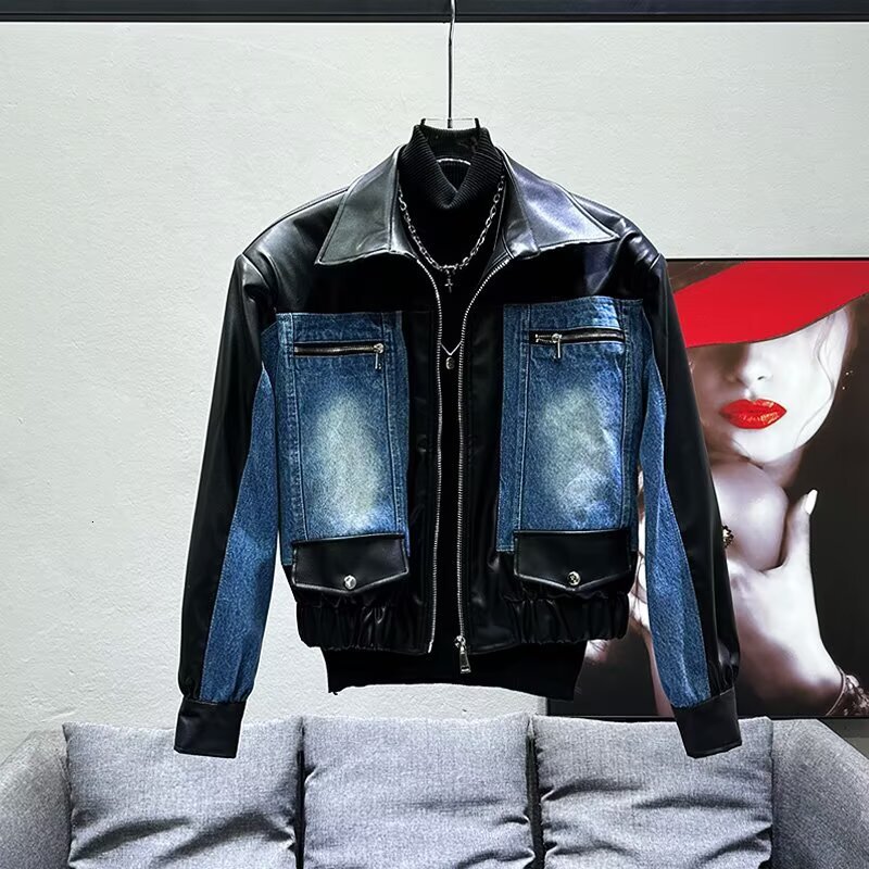 2025 New Men's Leather Jacket With Turn-down Collar And Zipper Autumn And Winter Fashion Trendy Versatile Designer Jacket Stylish Patchwork Motor