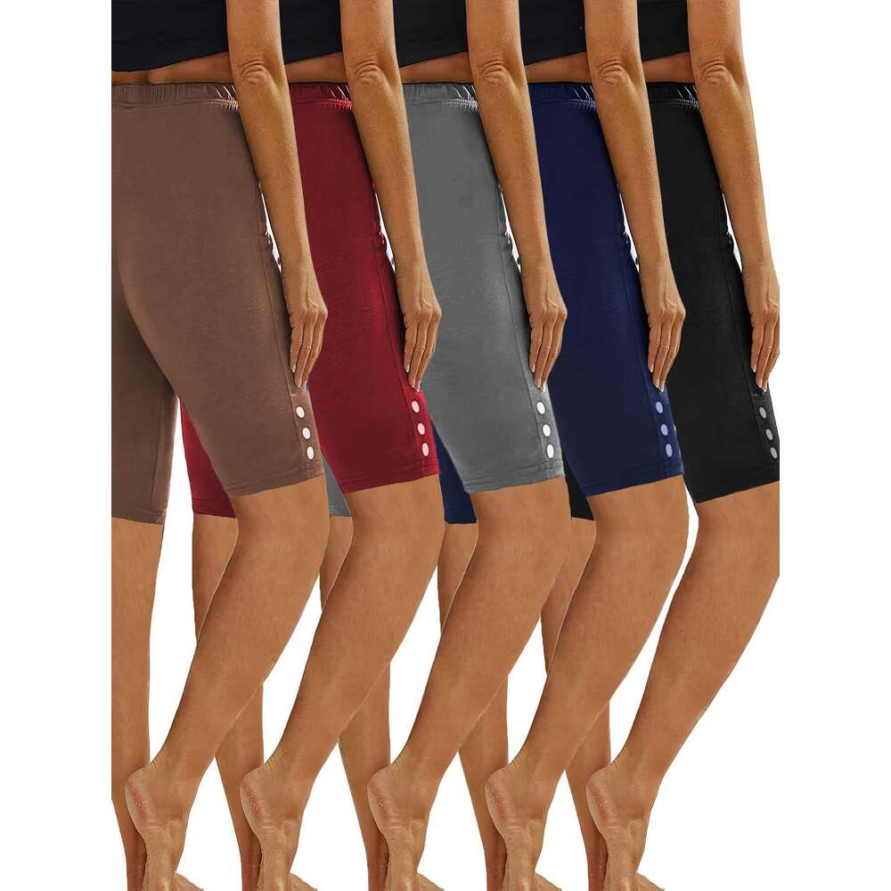 New Set of 5 Large Size 5-Inch Length Sports Shorts, Solid Button Decorative Fiess Leggings, Workout Yoga Tights, Running Pants, Summer Women'S C