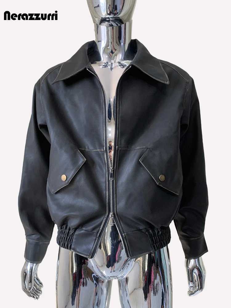 Nerazzurri Spring Autumn Short Washed Distressed Black Faux Leather Jacket Men Turndown Collar Luxury Designer Emo Clothes 2024T251029