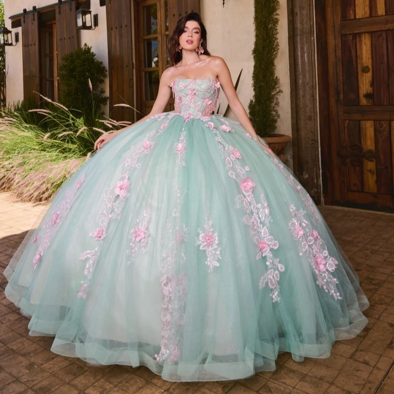 Light Green Ball Gown Quinceanera Dresses Off The Shoulder Sequin Applique Flower Beads Bow Tull Party Birthday Sweet 16 Dress