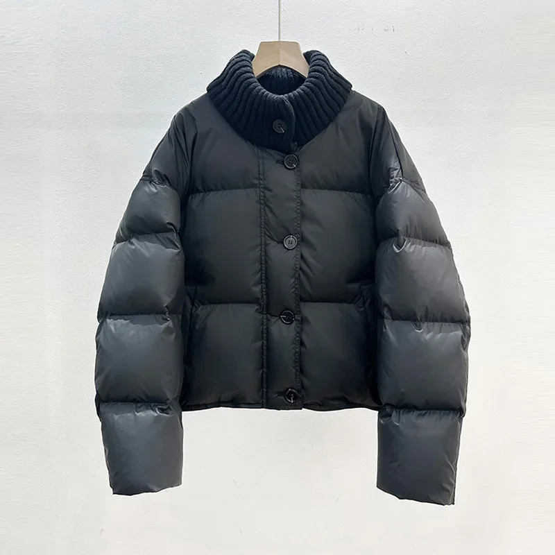 Winter Knit Half Polo Turtle Neck Cropped Puffer Jacket Women Thicken Warm Zipper Up White Duck Down Bread Coat 251023