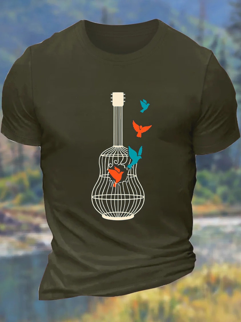 European & American Oversized Men's Guitar Birdcage Print Crew Neck Casual Cotton Letter T-Shirt - TT7453