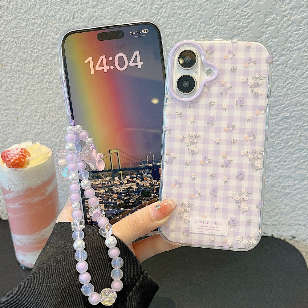 Plaid Small Floral Phone Case Compatible with iPhone 17 Pro/16 Pro Simple Bracelet 15/14 Full Coverage