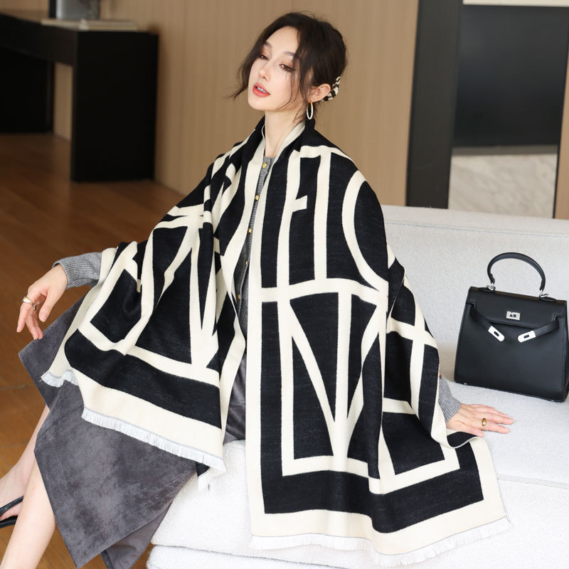 Women s Geometric Letter Pattern Scarf Black And White Imitation Cashmere Shawl Autumn And Winter Warm Fashion Scarf Commuting And Leisure Dual Use Ac