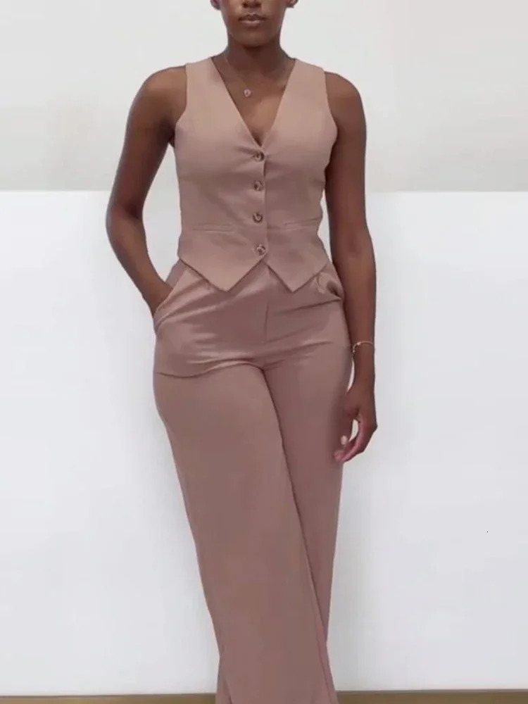 Fashion Two Piece Set Office Lady Outfits Womens Set Solid Color Sleeveless Button Fly Vest Shirt and Wide Leg Pants Set 251029