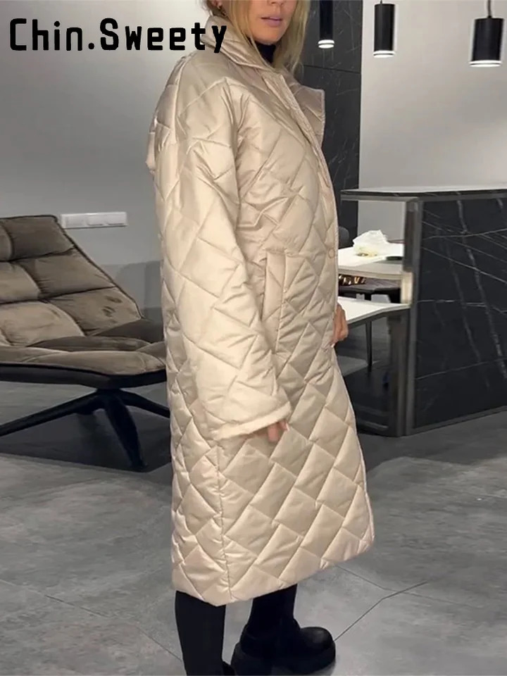 Fashion Leopard Split Long Quilted Jacket Women Loose Lapel Single Breast Street Warm Coat 2025 Autumn Winter Lady Outwear 251030