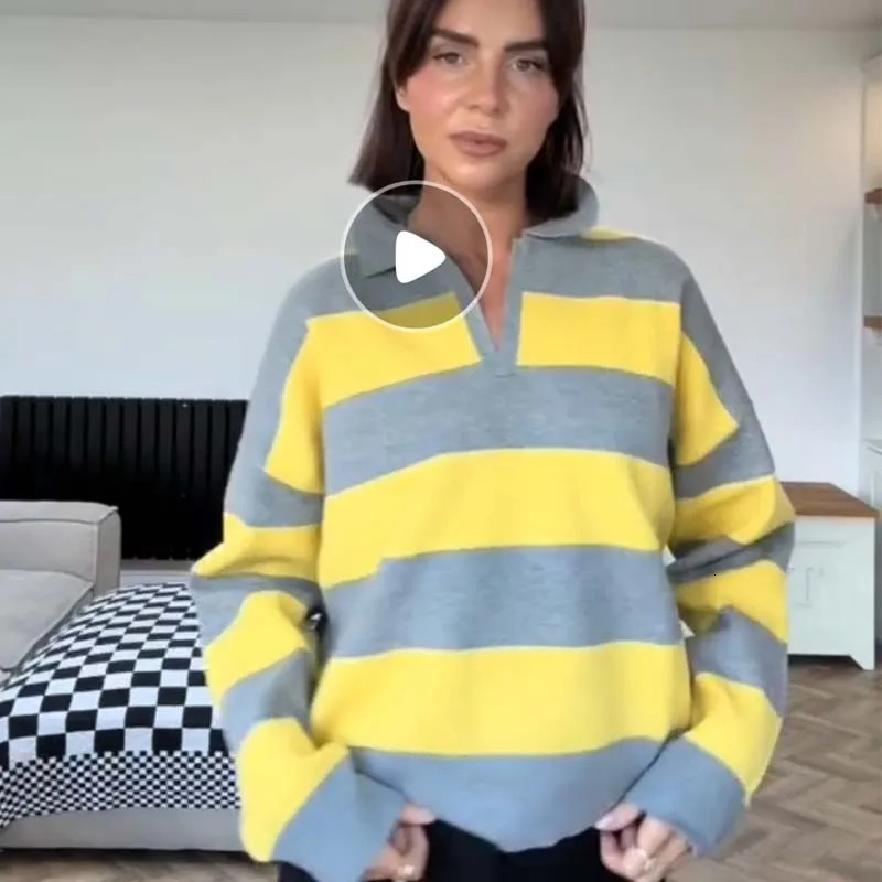 YENKYE 2025 Women Striped Knit Polo Neck Sweater Long Sleeve Casual Loose Autumn Pullover Tops 251016