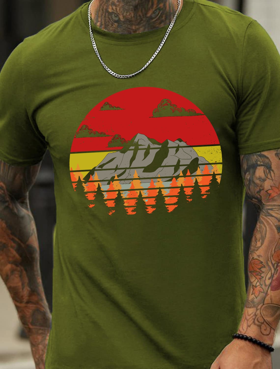 OEM Large Size Forest Mountain Print Men's Cotton Summer T-Shirt - TT7075