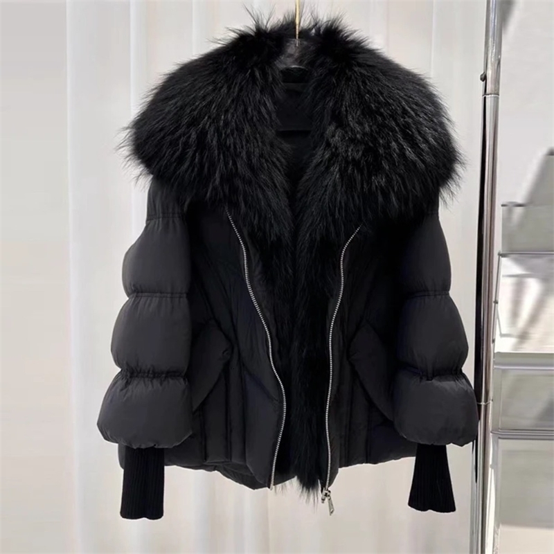 OFTBUY Winter Large Real Raccoon Fur Puffer Coat Women Oversized Feather Down Parka Knit Sleeve White Duck Down Jacket 251029