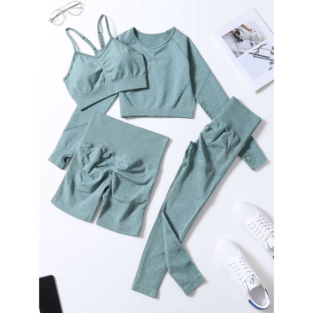 Smiling Face Style Workout Outfits for Women 4pcs Ribbed Seamless Crop Tank High Waist Yoga Leggings Sets