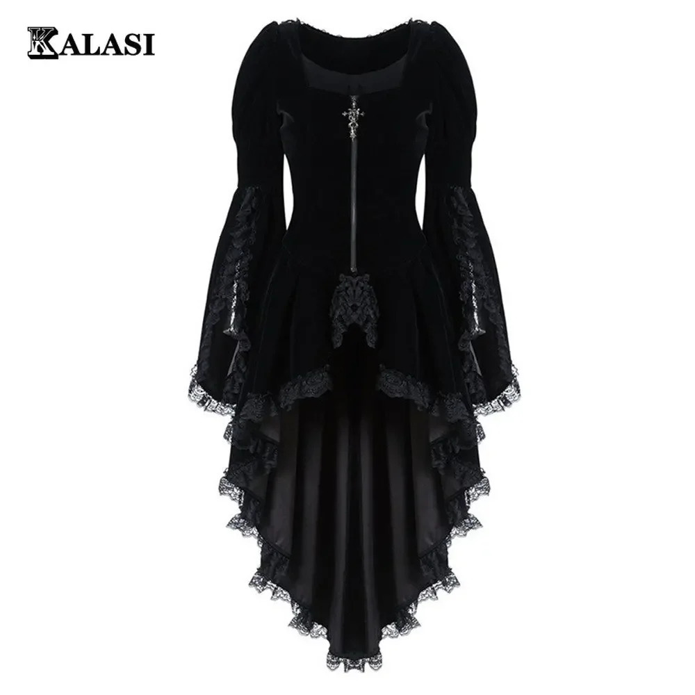 Women Gothic Long Sleeve Cross Irregular Velvet Tuxedo Dresses Lace Hem Medieval Ladies Witch Dress Lolita Cosplay Costume 251027