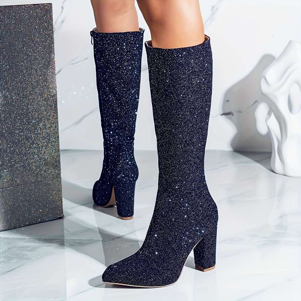 Women's Ultra-High Block Heel Pointed Toe Riding Thick Platform Winter With Side Zipper, Shiny Synthetic Glossy Faux Upper, Cushioned & PVC Sole 