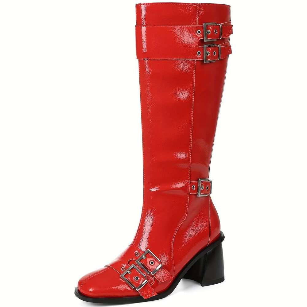 Women's Retro Pointed Toe Chunky Mid-Calf - Glossy Black PU Cover, All-Season Versatile Ankle With Rubber Sole For Casual & Formal Outfits, Allse