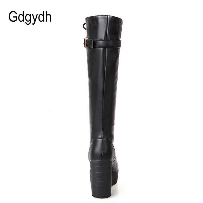Gdgydh Hot Sale Spring Autumn Lacing Knee High Boots Women Fashion White Square Heel Woman Leather Shoes Winter PU Large Size 43 Z251029