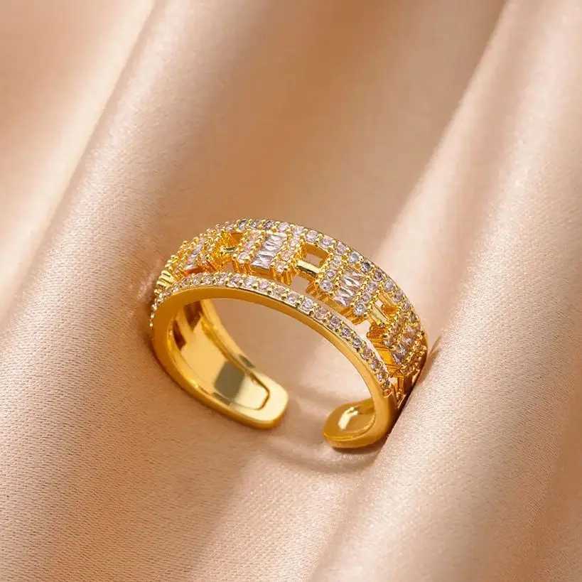 Stainless Steel Zircon Square Rings For Women Gold Color Geometric Adjustable Ring Wedding Aesthetic Jewelry Gift FemmeW251030