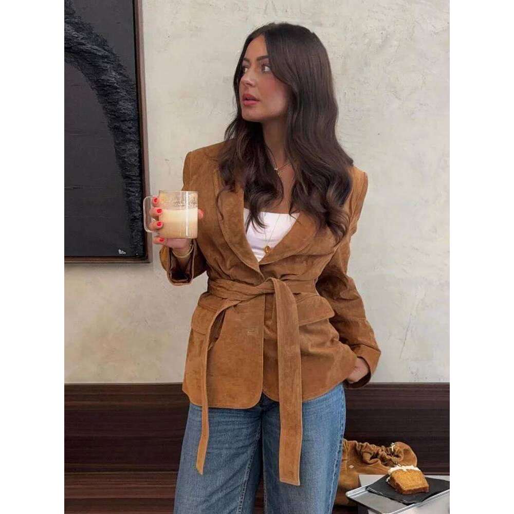 HH Women's Fashion Long Sleeves Jacket Solid Turn-Down Collar Lace-Up Decoration Pockets Button Female Autumn Casual Coats