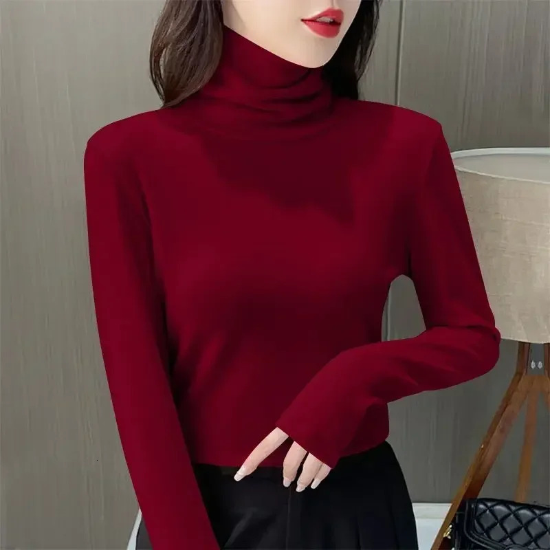 Women Thermal Underwear Winter Thicken Turtleneck Bottom Shirt De Velvet Warm Tops Semi High Collar Neck Long Sleeve Pullovers 251030