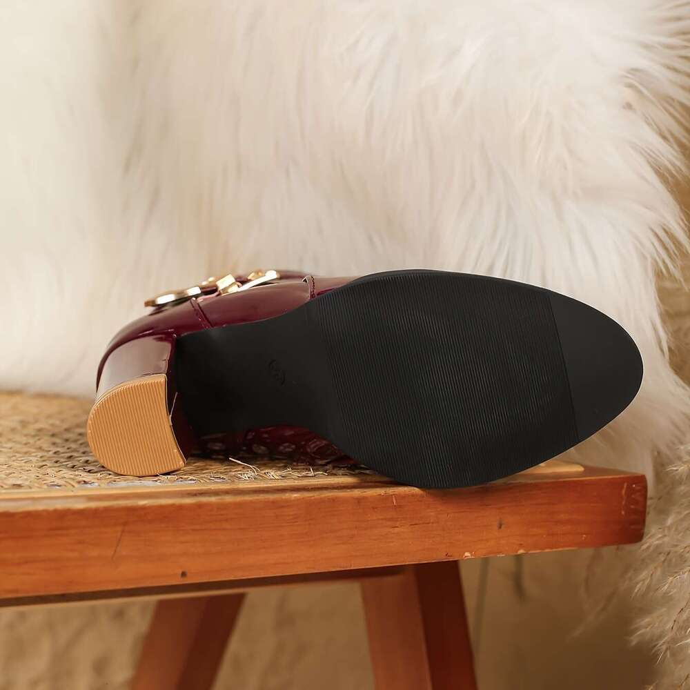 Women's Wine Red Glossy Cover Mid-Calf Boots - Thick Block Heel Pointed Toe With Golden Buckle Strap & Zipper Closure, British Retro Style Fit Al