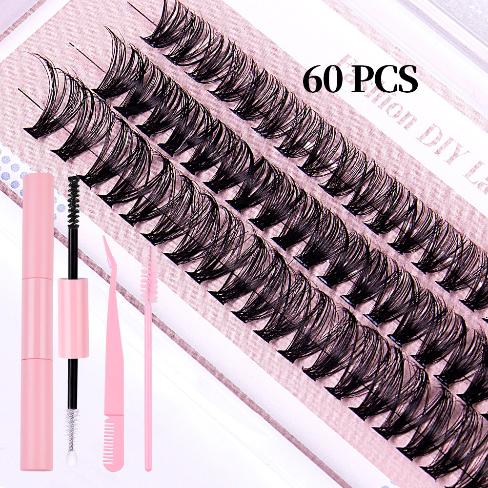 Thick Fluffy DIY Cluster Lashes Kit 60Pcs Individual Eyelashes Soft Lightweight Hand Made Reusable D Curled Grafted Lashes Accessory DIY Eyelash Exten