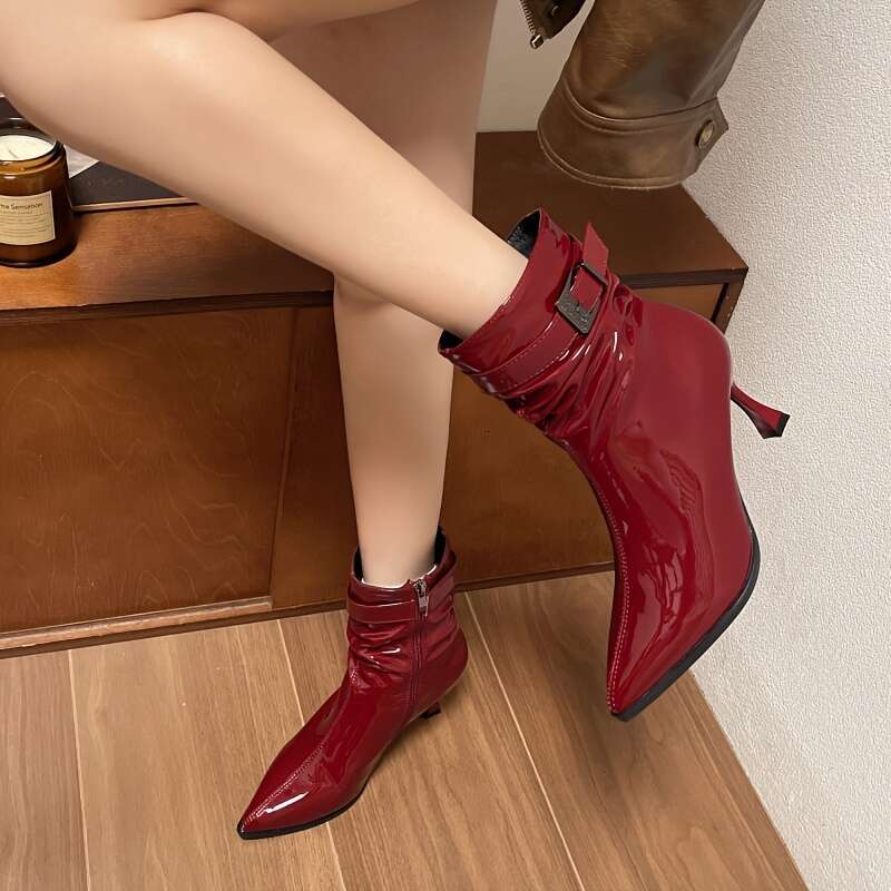 1Pr Elegant Solid Color Ankle Boots For Women Pointed Toe Stiletto High Heels With Side Zipper, Man-Made Upper, Fabric Lining, Rubber Sole - Fashionab