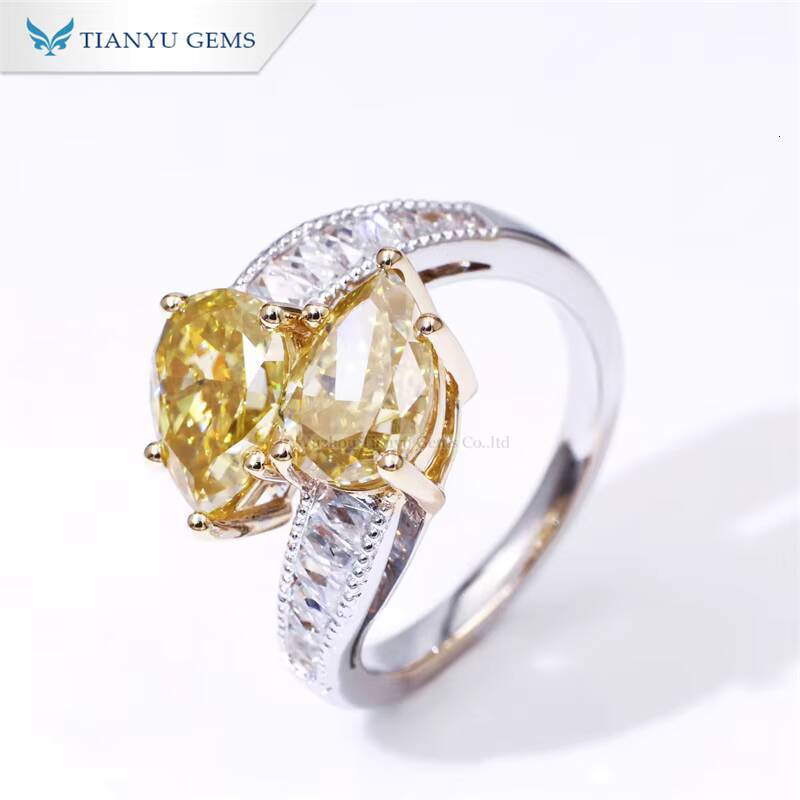 Tianyu Gems 7X10mm Pear Cut Vivid Yellow Moissanite Ring Toi Et Moi 18k 14k Gold French Cut D Color Stone Engagement Rings Women