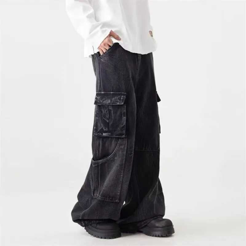 2025 American Retro Y2K Streetwear Washed Black Baggy Cargo Jeans Pants For Men Clothing Wide Leg Straight Trousers Ropa Hombre J251030