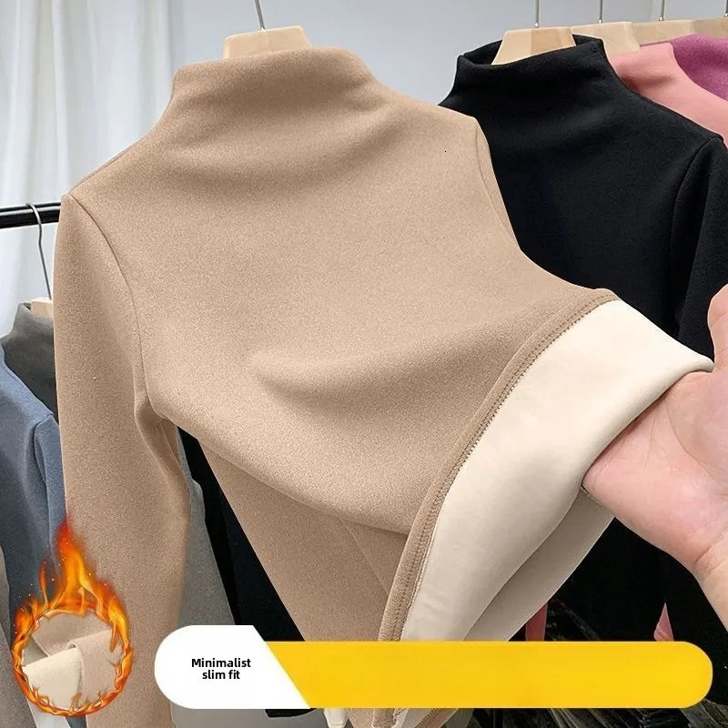 Women Thermal Underwear Winter Half High Collar Bottom Shirt Solid Semi High Collar Long Sleeve Basic TShirt Heating Pullovers 251030