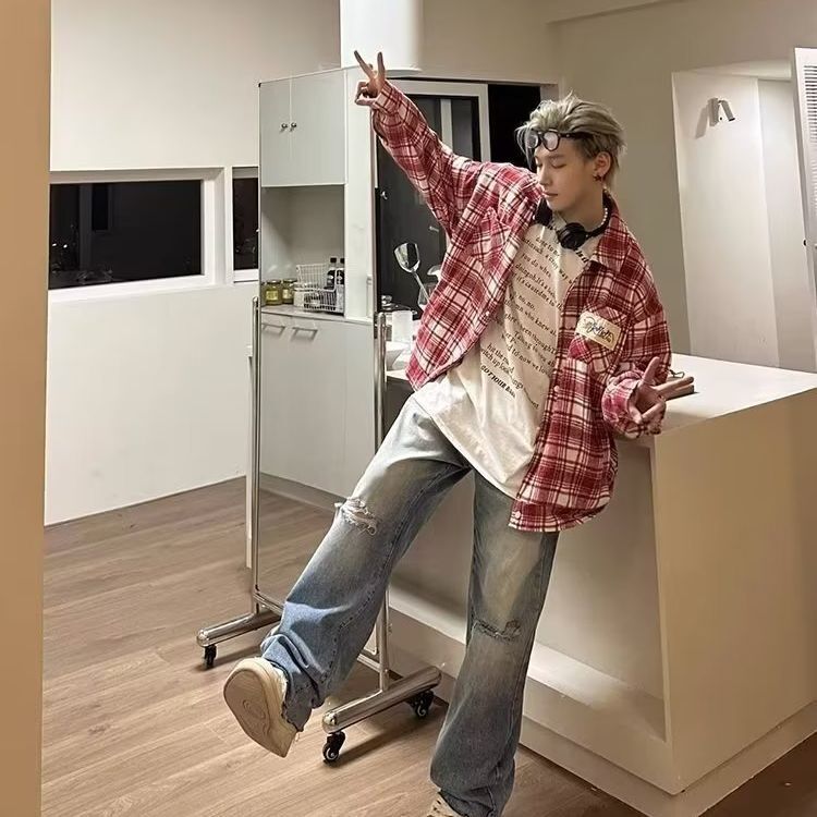 2025 New American High Street Color Block Design Plaid Long Sleeve Shirt Autumn Designer Coat Unisex Loose Trendy Jacket