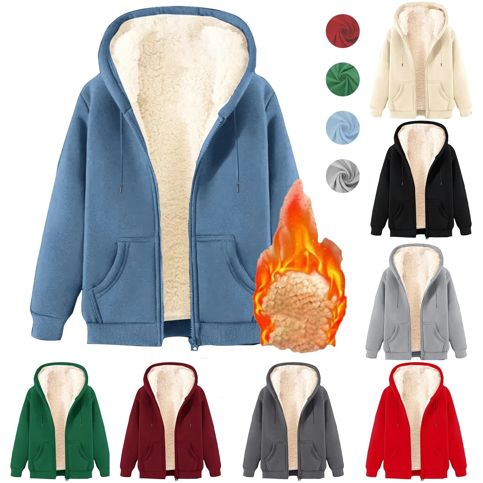 Women Solid Color Fleece Thickened Hoodies Large Size M5XL Zip Up Warm Lined Thermal Sweatshirt Fall Winter Hooded With Pockets 251030