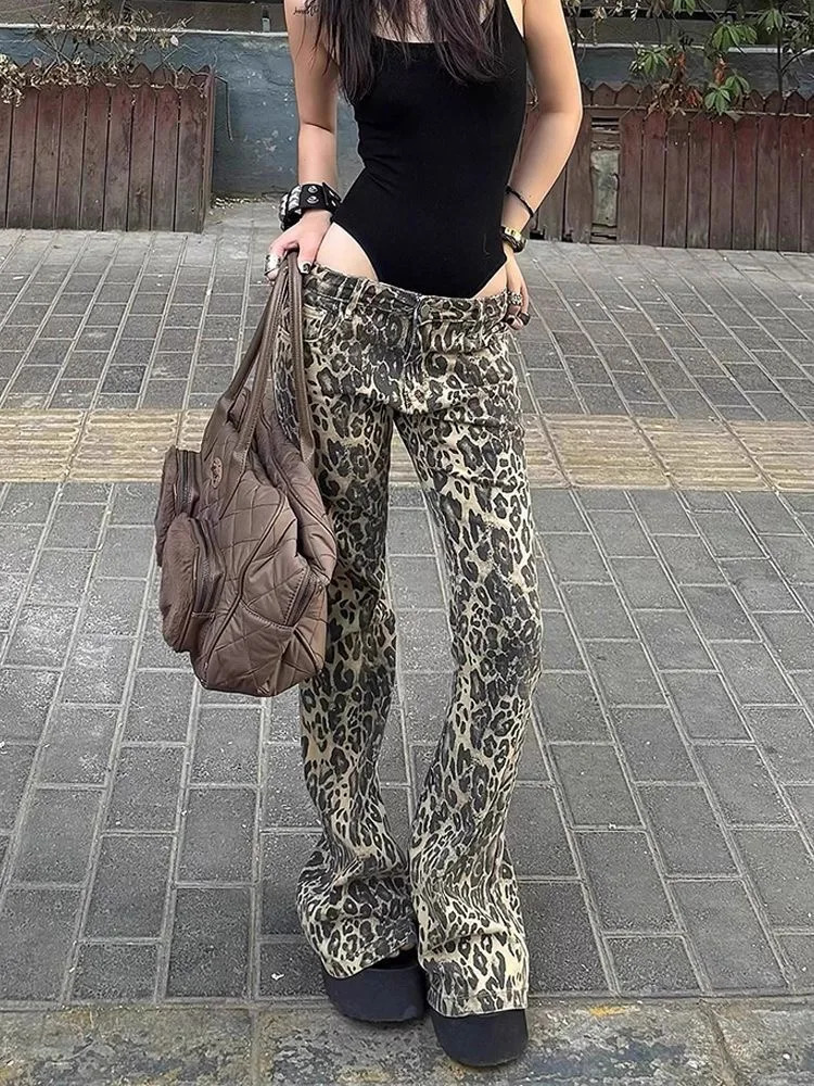 Womens Jean Leopard Print Low Rise Jeans American Retro Gyaru Coquette Y2k Japanese 2000s High Street Harajuku Goth 251029