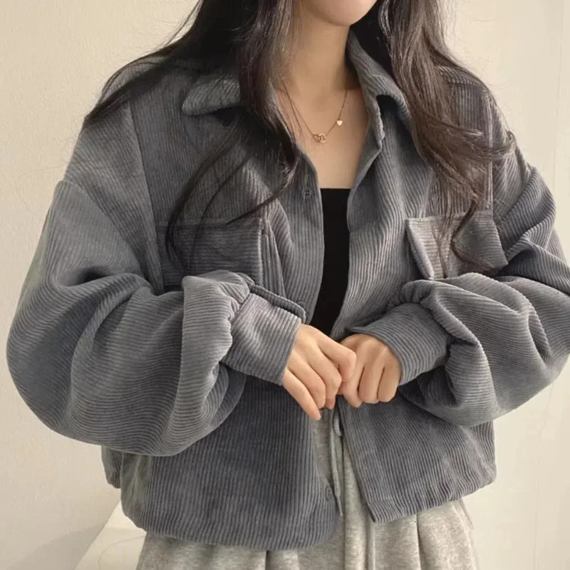 Fashion Retro Versatile Coat Single Breasted Collar Corduroy Shirt Long Sleeve Womens Top 166 251028
