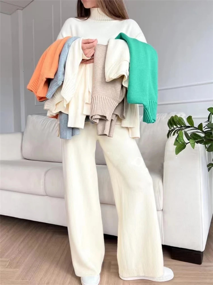 Autumn Winter 2 Pieces Women Sets Knitted Tracksuit Turtleneck Sweater and Straight Jogging Pants Suits 251028