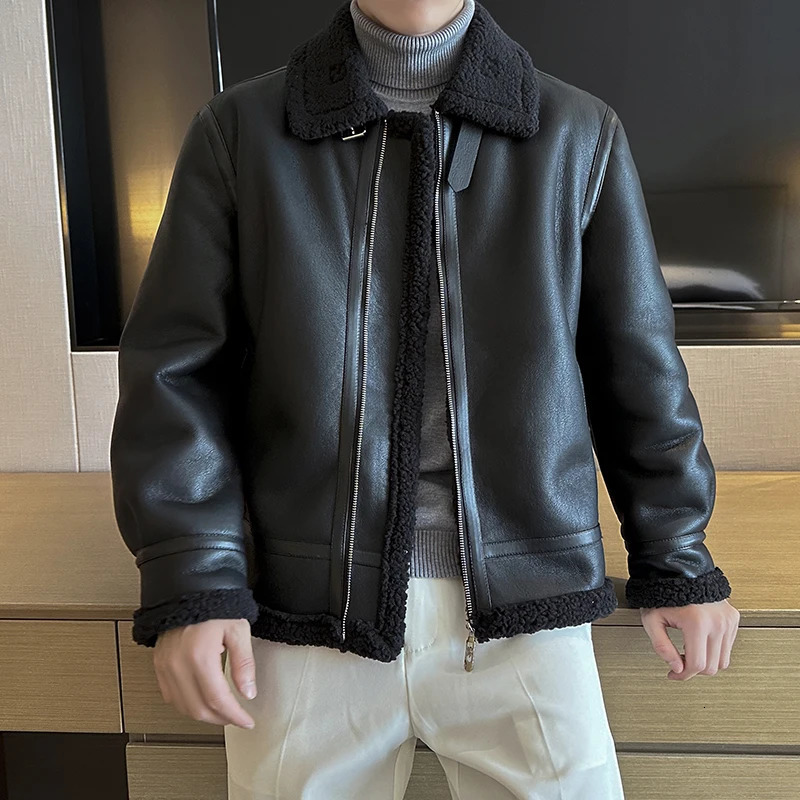 Autumn and winter warm thick leather jacket for mens trendy slim fit lapel motorcycle suit 251029