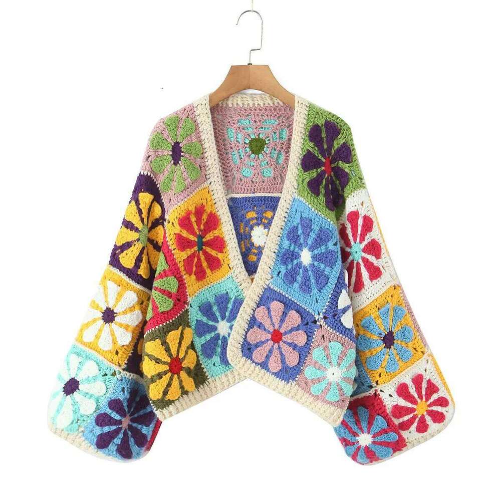 Holiday National Handmade Flower Crochet Knitted Cardigan Women Autumn Long Sleeve Retro Loose Splicing Sweater Jacket