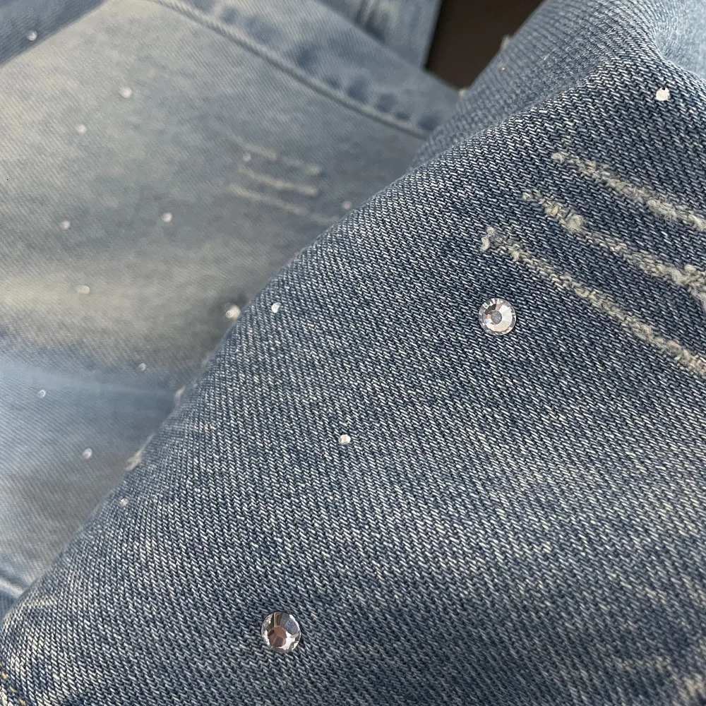 Fashion Women Gradient Blue Diamond Studded Jeans High Waist Straight Leg Denim Pants Spring Autumn Chic Female Trousers 251029