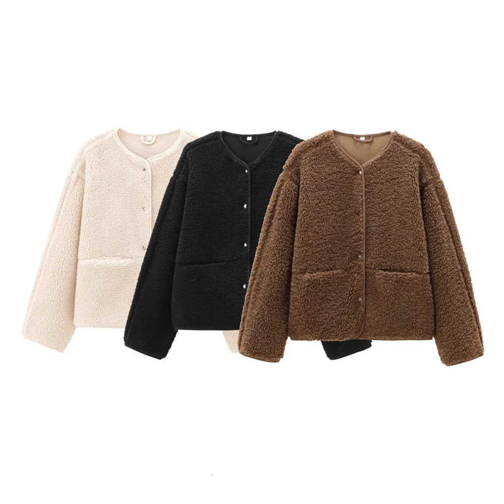 autumn and winter womens loose casual longsleeved round neck solid color comfortable simple fleece jacket 251028