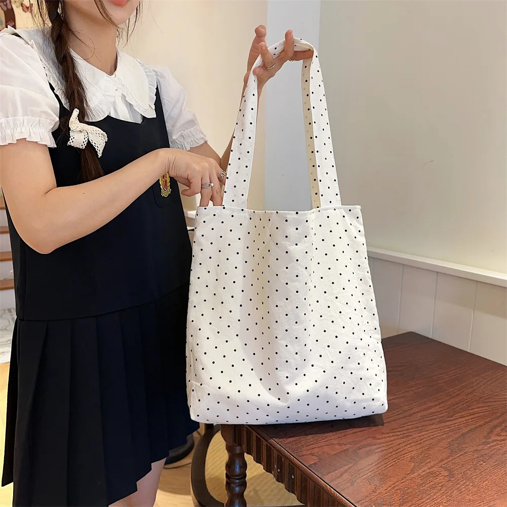 Vintage Polka Dot Womens Canvas Shoulder Bag Large Capacity Female Messenger Bags College Book Tote Handbags 251029